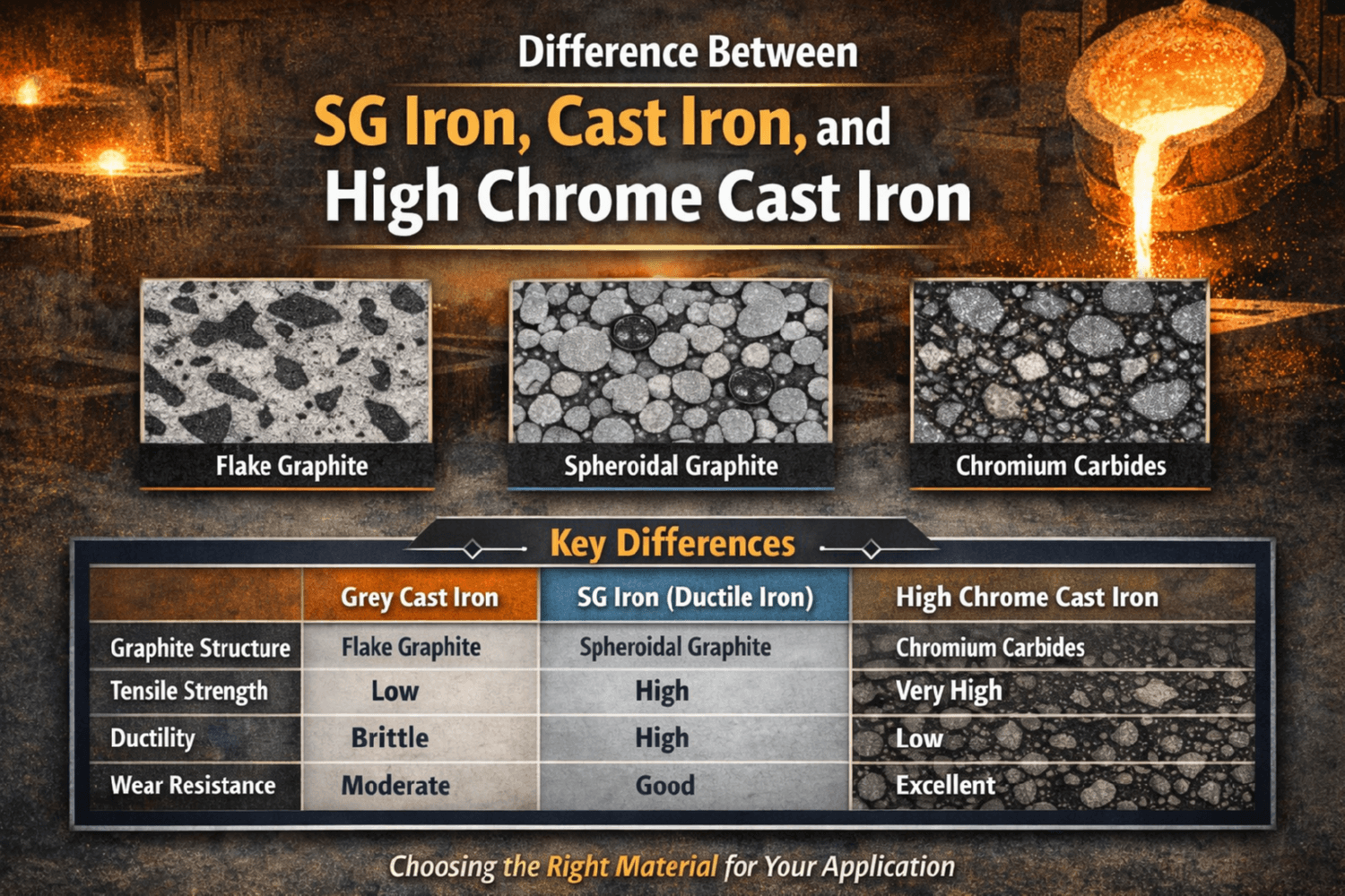 Difference between SG iron, cast iron, and high chrome cast iron